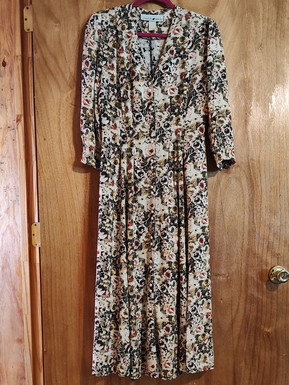 90s Vintage Jonathan Martin Cottagecore Dress Sage Cream Floral Fit&Flare 9/10
